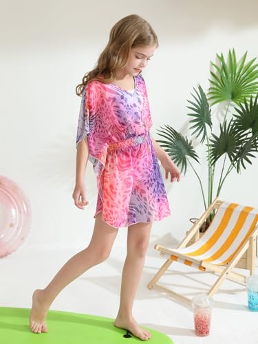 Image of Haloumoning Girls Chiffon Swim Beach Cover Up Kids Cute Elastic Waist Printed Bathing Suit Coverups 5-14 Years