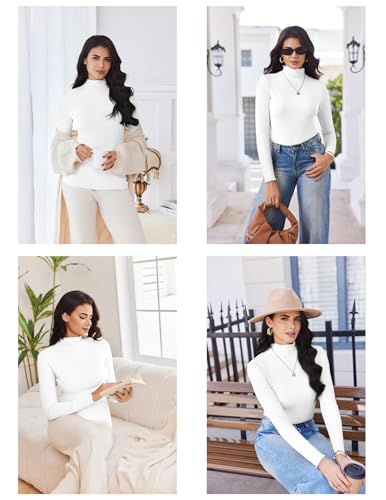 Ekouaer Turtleneck Shirt Women Ruffle Ribbed Long Sleeve Mock Neck Tops Slim Fit Lettuce Trim Base Layer4