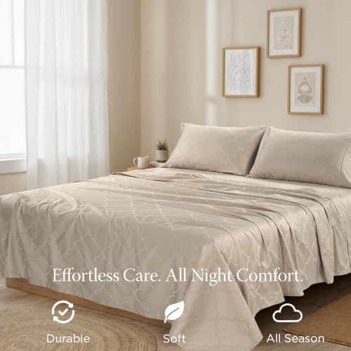 Image of Threadmill 300 Thread Count Cotton Full Sheet Set, Sateen, Damask, Beige | 100% Cotton, Sateen Weave, Damask Pattern, 4-Piece Set, 16 inch Deep Pocket, Cooling, Fade-Resistant, OEKO-TEX Certified