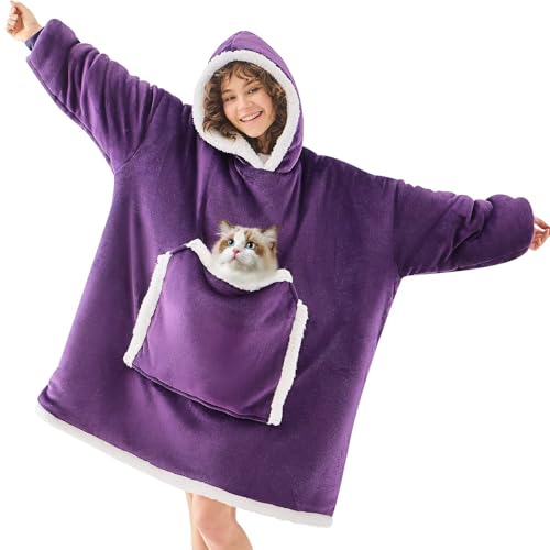 JOYWOO Purple Wearable Blanket Hoodie Oversized Cat Lovers Sweatshirt Blanket for Adult Birthday Gifts for Women Mom Grandma Cozy Hooded Blanket with Giant Pocket Gifts Dark Purple