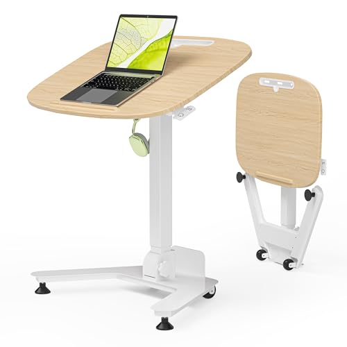 Image of WALKINGDESK Folding Pneumatic Height Adjustable Mobile Standing Desk with 90 Tiltable Tabletop, 27.2x18.9 Inch Portable Laptop Desk with Wheels, Holds Up to 66.1lbs for Home Office, Study, Oak