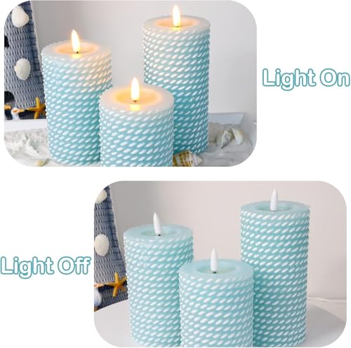 Image of Blue Flameless Candles, Rope Texture 3D Wick, Flickering Pillar Candles with Remote & Timer, 3 Pack