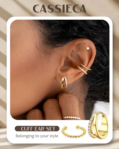 CASSIECA Small Ear Cuffs Earrings for Women - Hypoallergenic 14K Gold Earrings Stack Sets for Sensitive Ears Dainty Stud Hoop Earring Clip on Cartilage Tragus Helix Earings Set Trendy Jewelry 5 Pairs4