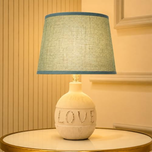 Image of ELARE Love Printed Table Lamp with Blue Fabric Shade & LED Bulb - Romantic Gift for Girlfriend, Boyfriend, Wife, Husband, Couples, Anniversary, Valentine's Day, Bedroom Bedside Lamp, 36 cm