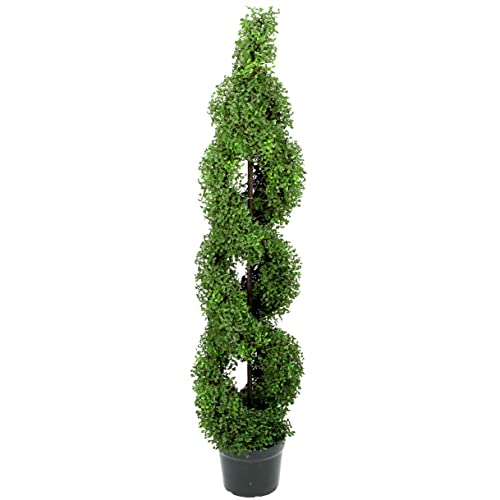 Admired By Nature 5' Artificial Boxwood Leave Double Spiral Topiary Plant Tree in Plastic Pot, Green/Two-Tone