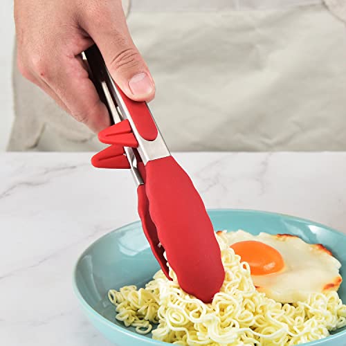 Image of YANCI Kitchen Tongs Set of 3, Multipurpose Heat Resistance Cooking Tongs with Resting Gadget, Heavy Duty Stainless Steel with Robust Silicone Tips & Locking Clips for Cooking BBQ Baking (Red)