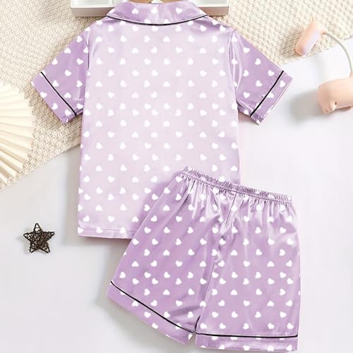 Kids Girls Silky 𝐏a𝐣amas 2 PCS Soft 𝐒lee𝐩wear Heart Print Short-Sleeve 𝐍𝐢ghtwear Cute Shorts 𝐏𝐣s 𝐋oun𝐠ewear Set3