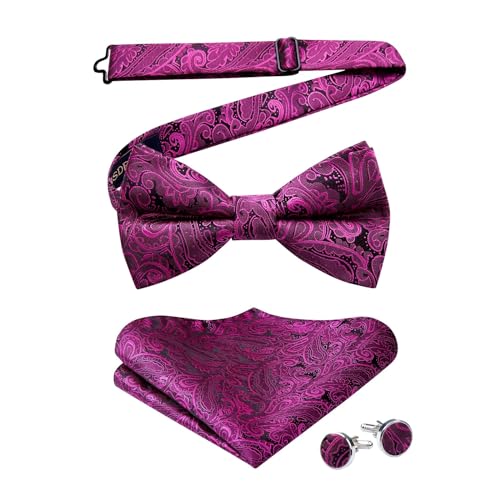 Image of HISDERN Bow Ties for Men Pre-Tied Bow Tie Floral Paisley Handkerchief Classic Formal Bowtie and Pocket Square Cufflinks Set