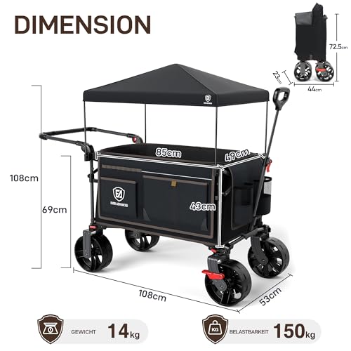 EVER ADVANCED XXL Bollerwagen faltbar 225L bis 150kg mit Bremse Dach Handwagen schieben&ziehen klappbar Strandwagen 20 * 8cm breite Räder Faltwagen für Camping Strand Einkauf Tier – Bild 4