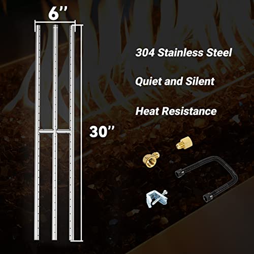 Image of Skyflame 30 inch x 6 inch Rectangular Gas Fire Pit and Fireplace H-Burner with 3 Pipes - 304 Stainless Steel - for Indoor & Outdoor Use