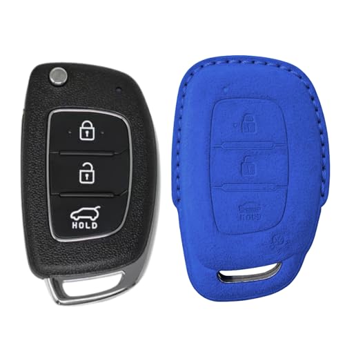 Image of KMH Alcantara Car Key Cover Compatible Hyundai Grand i10 NIOS Asta | Venue | i20 | Aura | Creta | Elantra 3 Button Shell Case Holder Full Key Protector Smart Keycover (D1) Blue - Pack of 1