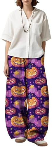 Halloween Black Cat Wide Leg Pants for Women Casual Palazzo Trousers with Wizard Hat Bat and Candle Print Cozy High Waist Loose Fit Fall Festival Lounge Wear Gift