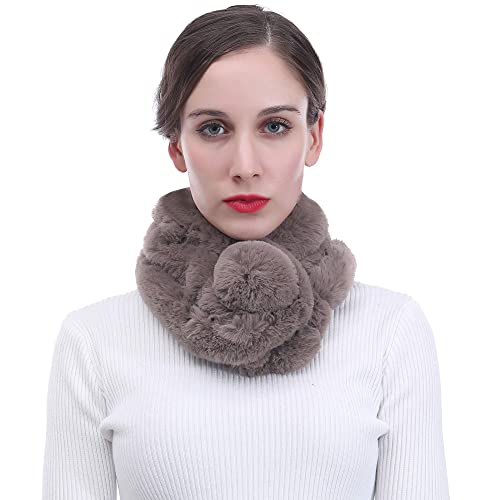 Lina & Lily Damen Schal Winterschal Pelzkragen mit Bommel aus Kunstpelz (Taupe)
