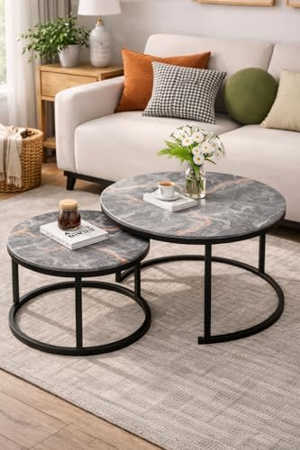 Image of Device Bas with BROWN ART SHOPPEE Home Decor Furniture Round Side Coffee Table Sets,2 Piece Mdf Top Couch Table,Nesting Table With Iron Frame For Living Room Living Room Or Lounge (Grey Black)