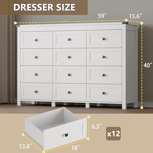 Image of BORNOON 12-Drawer Dresser, Modern Wooden Storage Chest of Drawers, Dresser TV Stand, Wood Drawer Organizer with Metal Handles for Bedroom, Living Room, Hallway