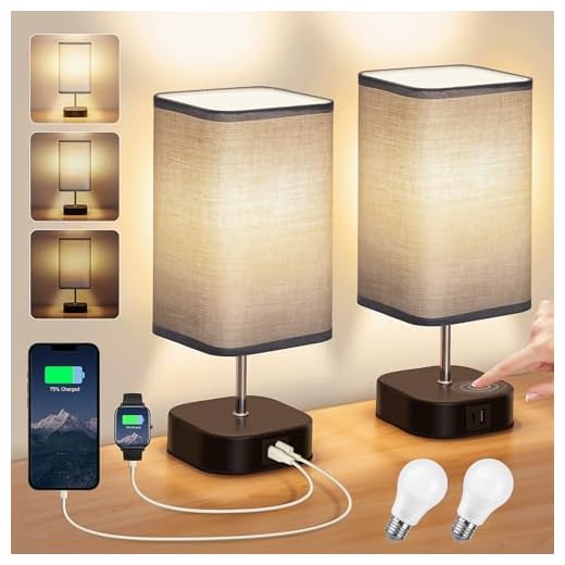 Lampe de Chevet Tactile Lot de 2 - Lampes de Table 3 Intensité Gradation avec USB C+A Ports à Charge, Lampe Chambre de Moderne Abat-jour en Tissu pour Salon Bureau Hôtel (2 Ampoules Incluses)