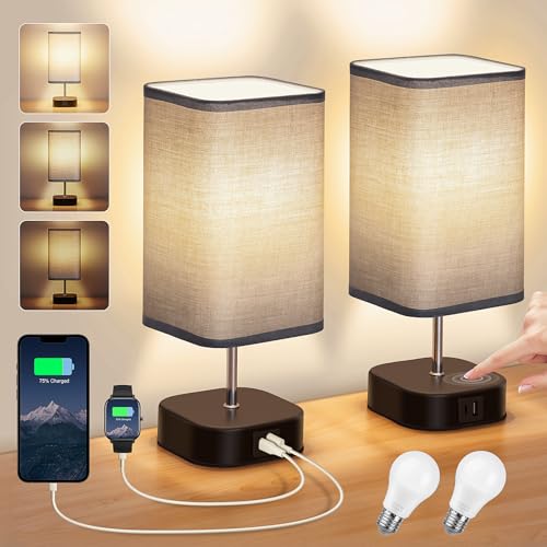 Lampe de Chevet Tactile Lot de 2 - Lampes de Table 3 Intensité Gradation avec USB C+A Ports à Charge, Lampe Chambre de Moderne Abat-jour en Tissu pour Salon Bureau Hôtel (2 Ampoules Incluses)