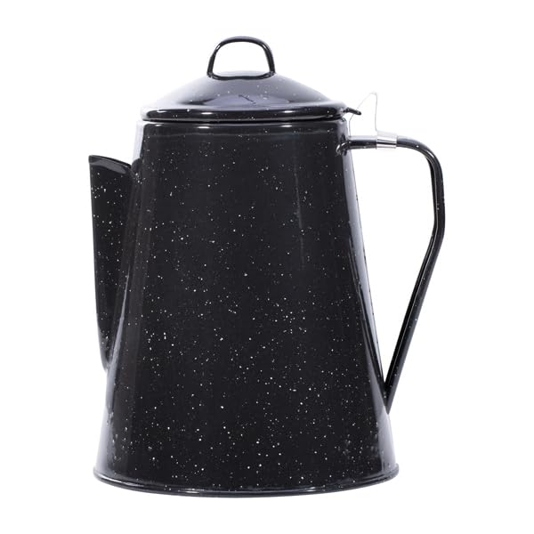 Coffee Pot Enamel with Percolator for 12 Cups (2 Litres) Brewing Kettle Black or Blue Enamelled + 2 Coffee Spoons Free Camping Coffee on the Go Compact (Black with White Speckles)