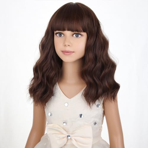 Image of PATTNIUM Kids Short Brown Wig Girls Mixed Brown Short Curly Wavy Wig Chocolate Brown Synthetic Children Wigs Cosplay Costume Party with Wigs Cap