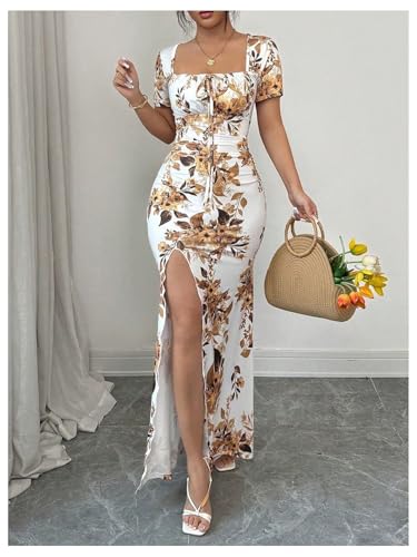 Image of Floerns Women's Floral Short Puff Sleeve Milkmaid Dress Boho A Line Long Dresses