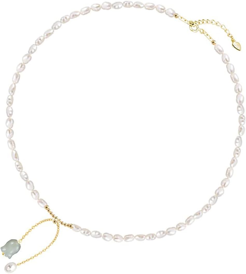 14K Gold Jade Orchid Necklace, Freshwater Pearl Beaded Clavicle Necklace, Mother's Day, Birthday Gift for Mother, Wife, Girlfriend