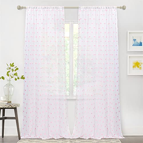 Image of MYSKY HOME Pink Pom Pom Sheer Curtains for Girls Bedroom 95 Inch 2 Panels | for Living Room Sliding Glass Door, Light Filtering, for Nursery, White Window Privacy Drapes, Rod Pocket, 50 x 95 in