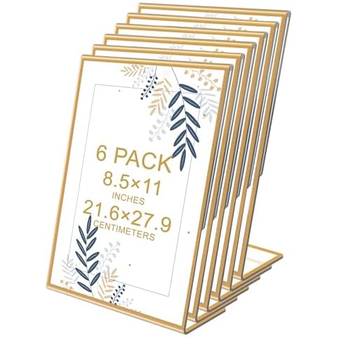 Danoni Acrylic Gold Frames Sign Holders - 6Pack 8.5x11'' Flyer Document Brochure Display Holders with Vertical Slant Back for Office Desktop - Plastic Table Menu Stands Plastic Paper Holders Cover