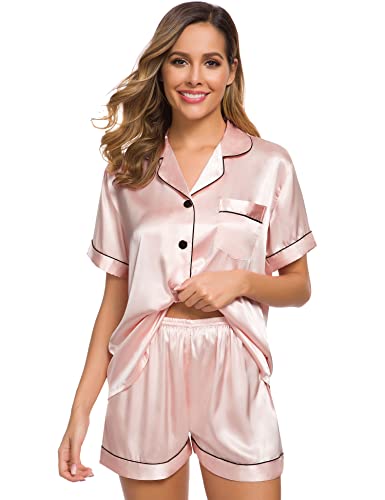Image of SWOMOG Womens Silk Satin Pajamas Set Short Sleeve Sleepwear Button Down Top and Shorts Loungewear 2 Piece Pjs Set XS-3XL