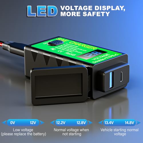 YONHAN Motorcycle Phone Charger, Total 60W 6.8A Dual USB Type C PD & QC 3.0 Motorcycle USB Charger, SAE to USB Adapter with Voltmeter & ON/Off Switch, Waterproof Motorcycle Accessories for Phone