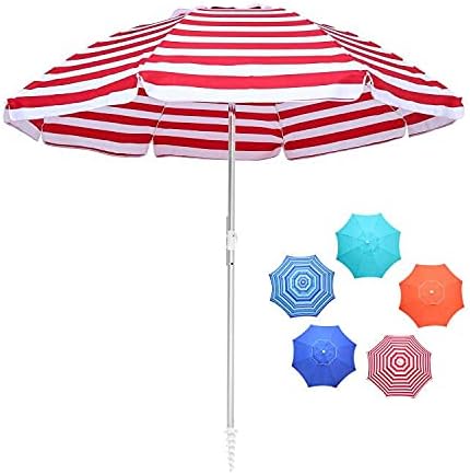 juserox 6.5 FT Beach Umbrella UV 50+ Portable Outdoor Sunshade with Carry Bag and Sand Anchor & Tilt Mechanism, for Patio Outdoor Garden Beach(Red White Stripe)