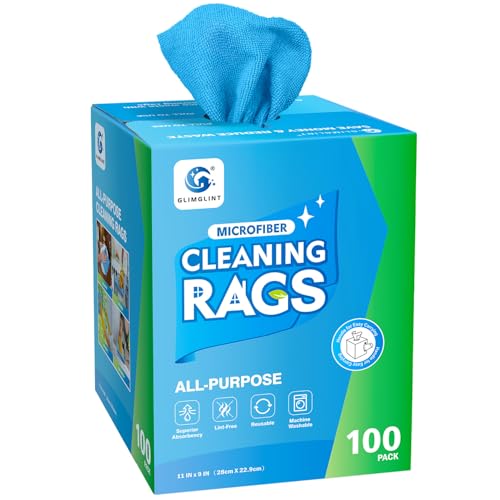 GLIMGLINT Microfiber Cleaning Cloth, 100 Pack Cleaning Rags, Lint-Free, Ultra Absorbent Reusable Paper Towels for Home, Kitchen, Car, Garage or Shop, Dish Rags, 11