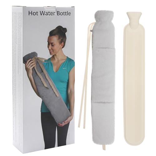 Wärmflasche Lang mit Bezug, Groß Gummi Wärmeflasche Lange Warmflaschewarmflasche Warm mit Flauschig Hände Bezug, 72cm Extra Länglich Wärmeflaschen XXL 2 Liter Warmflasche für Die Periode, Grau