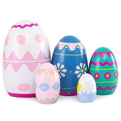 Moonmo 5 Pcs Colorful Geometric Design Pattern Nesting Dolls Egg Nesting Dolls (Blue Flower) #TOP23