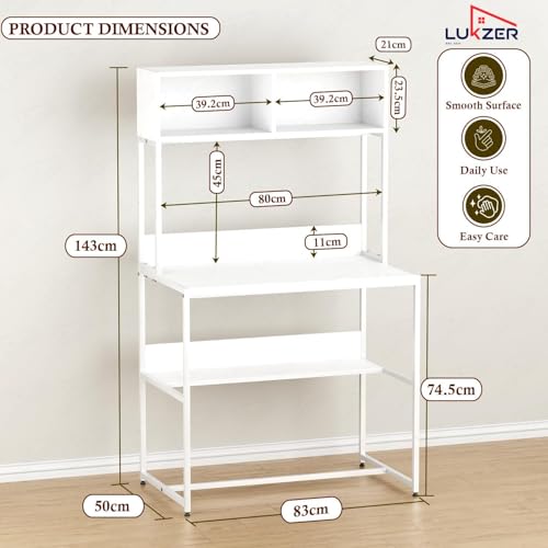 Image of Lukzer Study Table with Open Bookshelf | MST-010 /White & White | Engineered Wood with Metal Frame Desk | Modern & Space Saving Computer Workstation with Hutch for Home Office (143x83x50 cm)