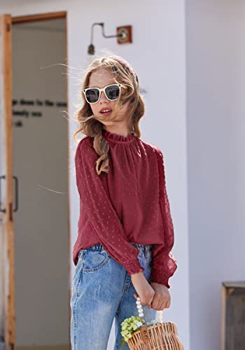 Image of Arshiner Girls Long Sleeve Shirts Chiffon Blouses Swiss Dot Frill Neck Top