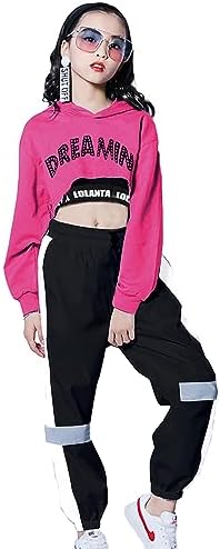 3-delige meisjes hiphop dans kostuum kinderen straat dans kleding set bijgesneden hoodie, tank top, jogger broek, paars, 160