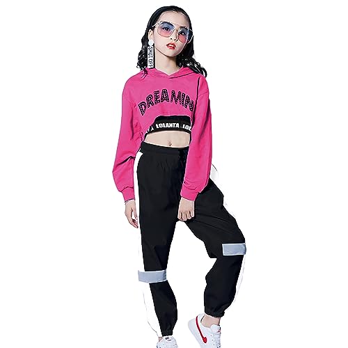 LOLANTA Girls 3 Piece Outfits Cropped Hoodie Tank Top Jogger Pants Set, Hip Hop Jazz Street Dance Skateboarding Clothes 6-7 Pink