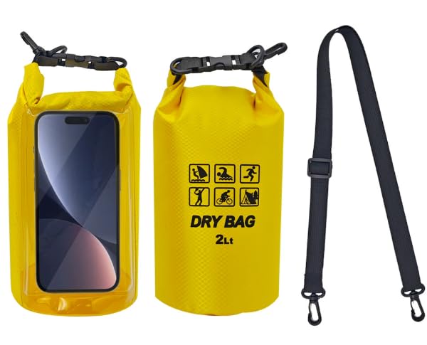 Plliocse 2L Waterproof Dry Bag 2 in 1 Cell Phone Dry Bags Waterproof with Long Adjustable Shoulder Strap Included for Hiking, Swimming, Camping, Boating, Fishing, Rafting (Yellow)