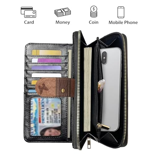 Image of COEQINE Ladies Wallets Pink Leopard Heart Black Printed Leather Phone Long Clutch Purses Check Coin Change Holder