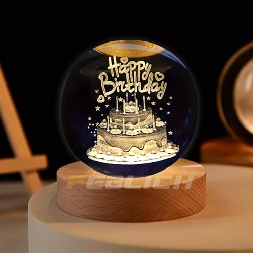 Image of 3D Happy Birthday Crystal Ball Night Lamp, Solar System Happy Birthday Crystal Ball Night Light, USB Table Colorful Led Wooden Crystel Ball for Home, Office, Birthday Gift (Happy Birthday)
