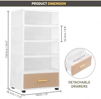 ABOUT SPACE Polypropylene Cabinet for Storage,5 Tier DIY Cupboard with Hidden Door,Drawer & Roller Wheels|Kids Wardrobe for Clothes Racks for Home,Office,Bedroom-L 49 x B 29.7 x H 138.5 cm,White