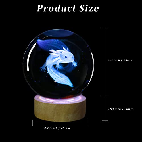Image of 3D Axolotl Crystal Ball Night Light with 16 Color LED Wooden Base, Premium 2.4 Inch Axolotl Glass Ball Lamps with Remote for Birthday Holiday, Cool Axolotl Toy Decor Gifts for Boys Girls Kids