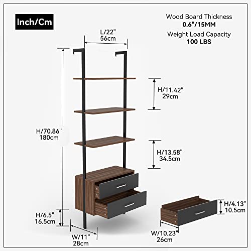Lyuhome Wall Mounted Ladder Shelf, Modern 5-Tier Ladder Bookshelf With Drawers, Metal And Wood Bookcase With Storage Cabinet For Home Office Walnut #TOP1