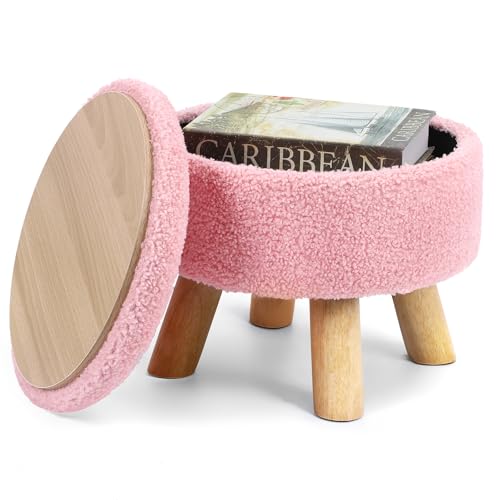 Ogemxu HY188-W1 Storage Ottoman, Round Small Ottoman With Storage, Teddy Velvet Foot Stool With Wood Legs, Foot Rest For Chair, Soft Sponge Footstool For Living Room, Couch, Bedroom  cover