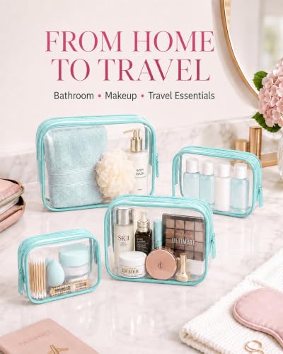 Image of Clear Makeup Bag Set,4 Sizes TSA Approved Travel Toiletry Bags,Waterproof PVC Clear Cosmetic Pouch with Zipper,Portable Transparent Organizer Bags for Travel Toiletries Accessorie (Blue, Pack of 4)