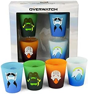 Mini Overwatch 4-Pack Kitchen Shot Glass Set Featuring Heroes from Video Game: Symmetra, Mercy, Lucio, and Zenyatta Each Holds 2 Fluid Ounces