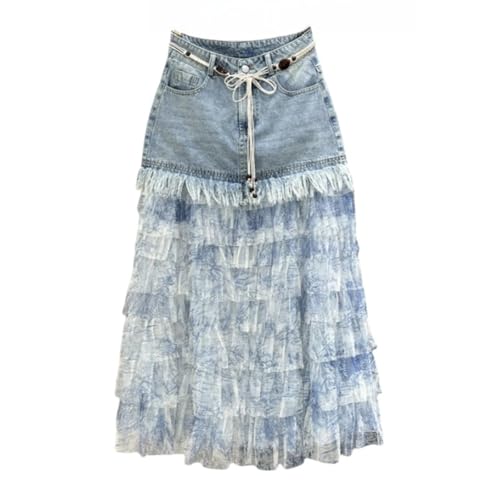 Womens Denim Patchwork Tulle Skirts High Waist A-Line Multi-Layer Elegant Summer Casual Long Skirts