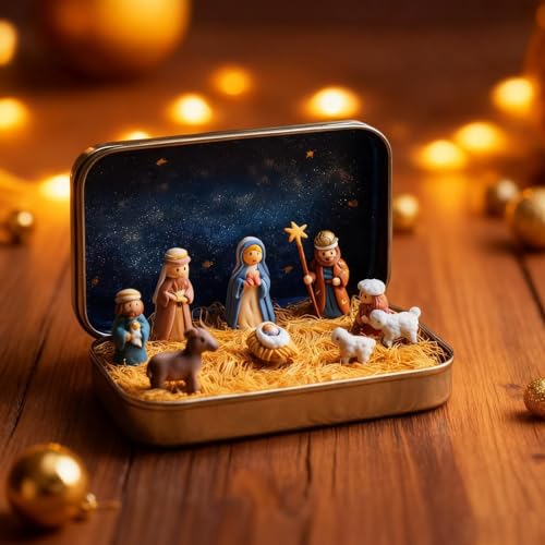 WEJOY Mini Christmas Nativity Set in a Tin Box, Handcrafted Pocket Bethlehem Scene, Portable Holy Family Display, Small Christmas Ornament, for Desk, Shelf, Office, or Travel Decor
