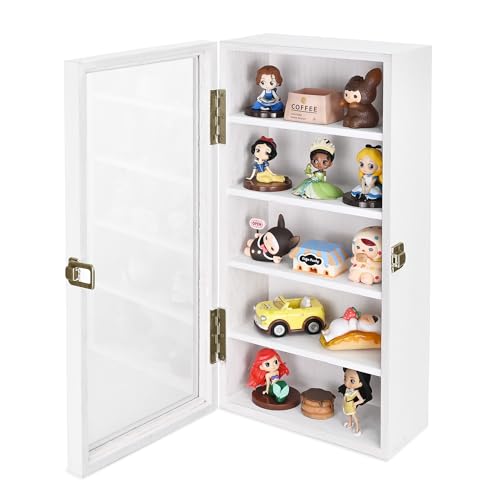 Ikee Design Vitrina coleccionable de madera para montar en la pared, 5 estantes, accesorios de almacenamiento de vidrio de chupito con puerta de vidrio templado, color blanco lavado