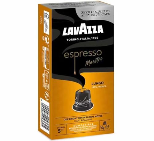 Lavazza, Espresso Maestro Lungo, 100 cápsulas de aluminio compatibles con máquinas originales Nespresso, notas de frutas y flores, 100% arábica, intensidad 5/13, tostado ligero y lento en tambor, cero